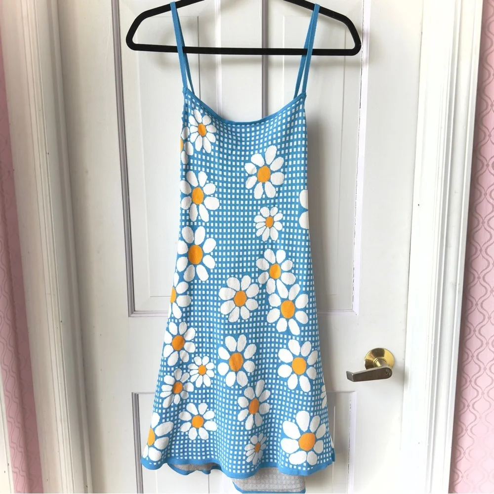 Zara Blue Gingham Daisy Knit Mini Dress Size Large - Picture 5 of 12
